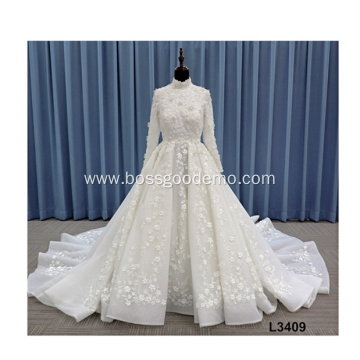 Customize Pure White Arab Saudi Arabian Gown High Neck Bridal black arabic Long Sleeve wedding dress muslim